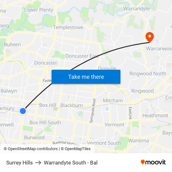 Surrey Hills to Warrandyte South - Bal map