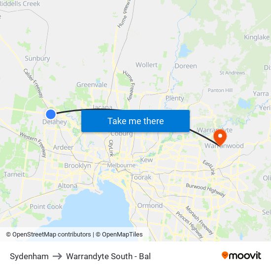 Sydenham to Warrandyte South - Bal map