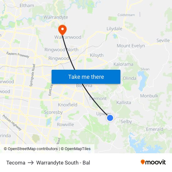 Tecoma to Warrandyte South - Bal map