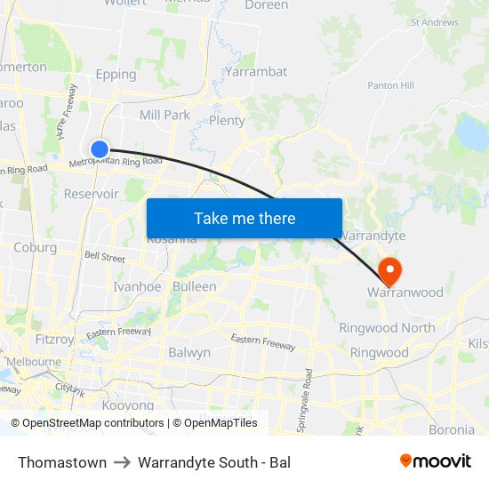 Thomastown to Warrandyte South - Bal map