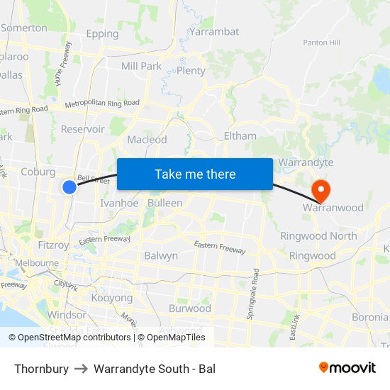 Thornbury to Warrandyte South - Bal map
