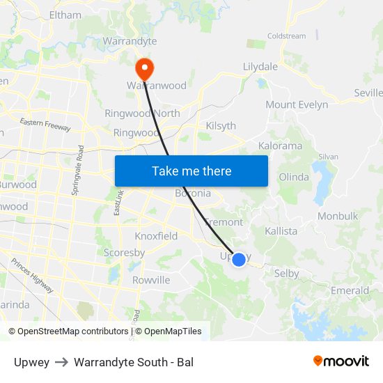 Upwey to Warrandyte South - Bal map