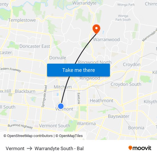 Vermont to Warrandyte South - Bal map