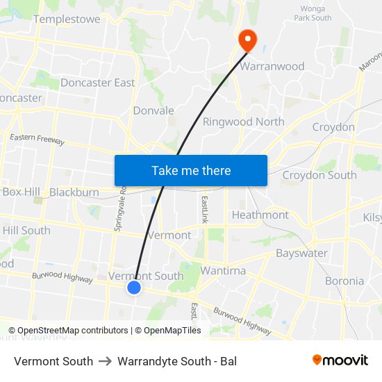 Vermont South to Warrandyte South - Bal map