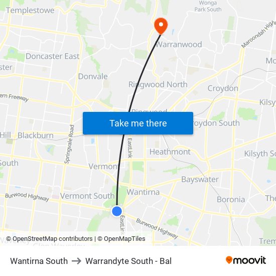 Wantirna South to Warrandyte South - Bal map