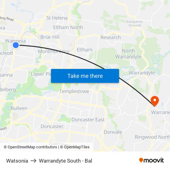 Watsonia to Warrandyte South - Bal map