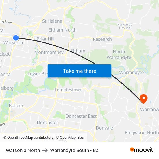 Watsonia North to Warrandyte South - Bal map