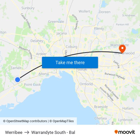 Werribee to Warrandyte South - Bal map