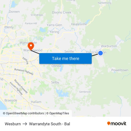 Wesburn to Warrandyte South - Bal map