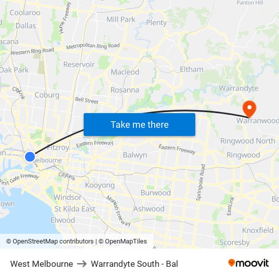 West Melbourne to Warrandyte South - Bal map