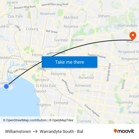 Williamstown to Warrandyte South - Bal map