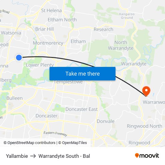 Yallambie to Warrandyte South - Bal map