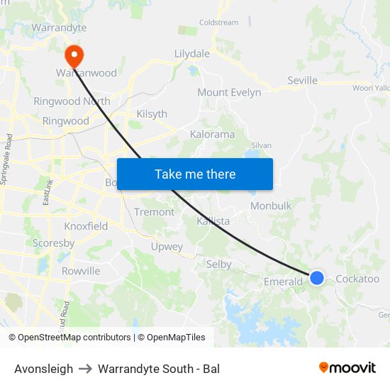 Avonsleigh to Warrandyte South - Bal map