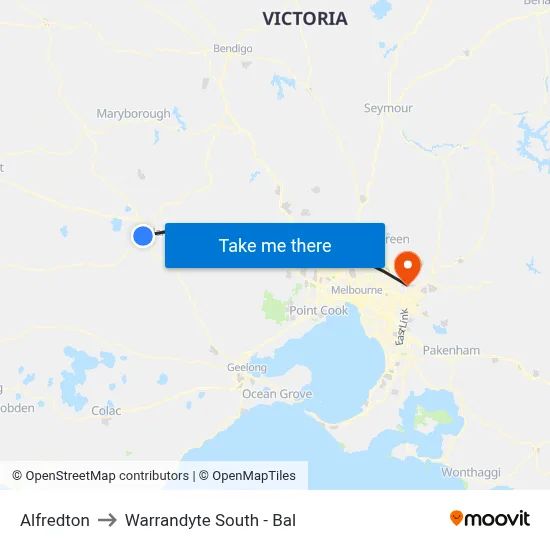 Alfredton to Warrandyte South - Bal map