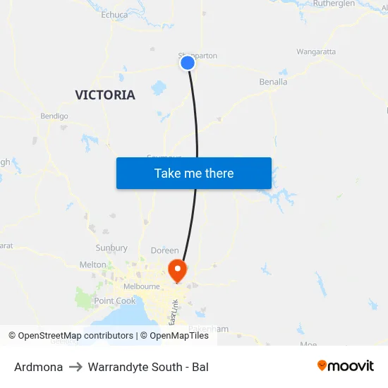 Ardmona to Warrandyte South - Bal map