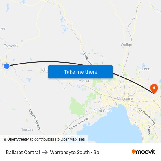 Ballarat Central to Warrandyte South - Bal map