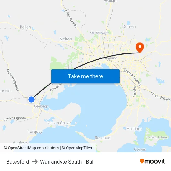 Batesford to Warrandyte South - Bal map