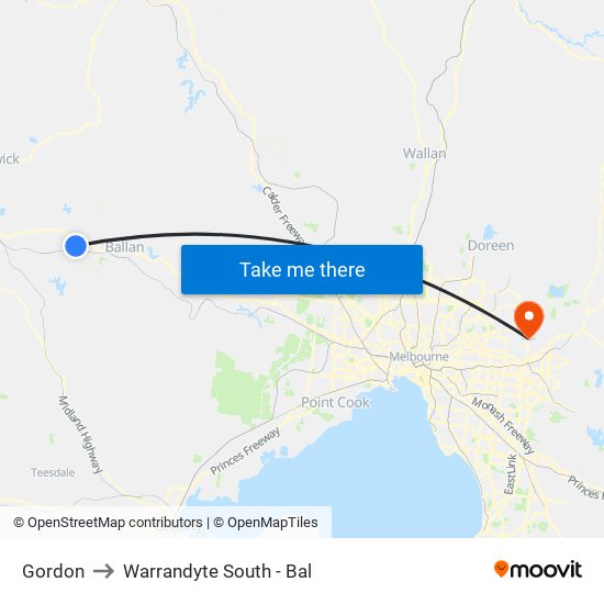 Gordon to Warrandyte South - Bal map