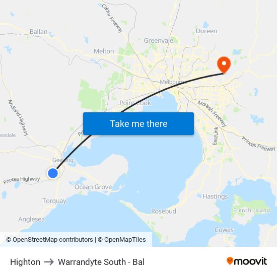 Highton to Warrandyte South - Bal map