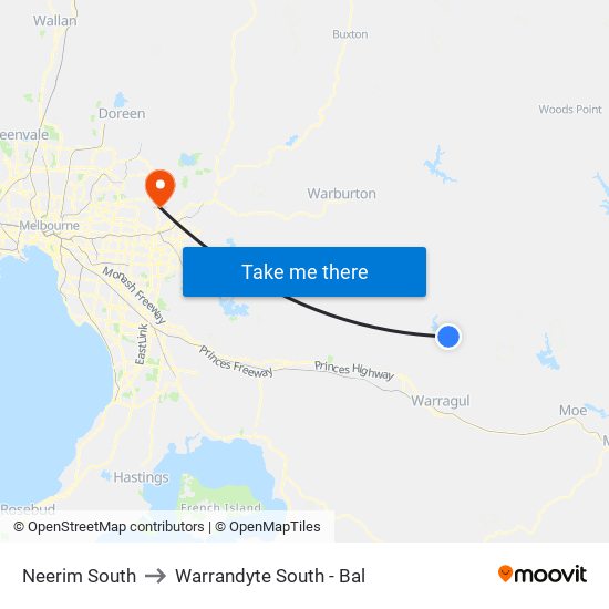 Neerim South to Warrandyte South - Bal map