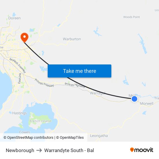 Newborough to Warrandyte South - Bal map