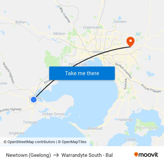 Newtown (Geelong) to Warrandyte South - Bal map