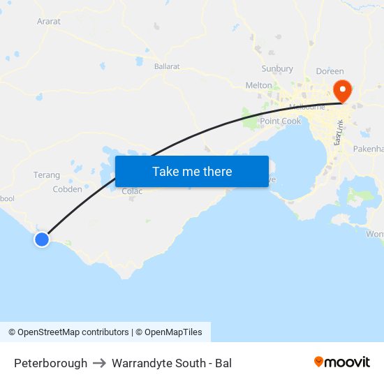 Peterborough to Warrandyte South - Bal map