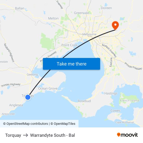 Torquay to Warrandyte South - Bal map