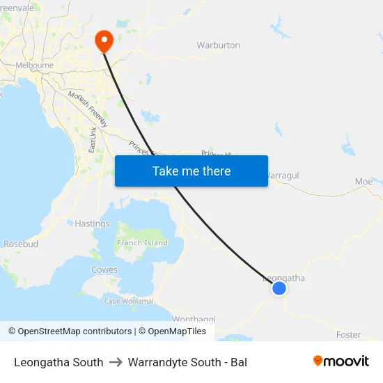 Leongatha South to Warrandyte South - Bal map