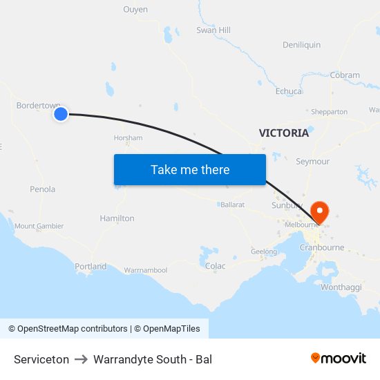 Serviceton to Warrandyte South - Bal map