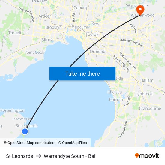 St Leonards to Warrandyte South - Bal map