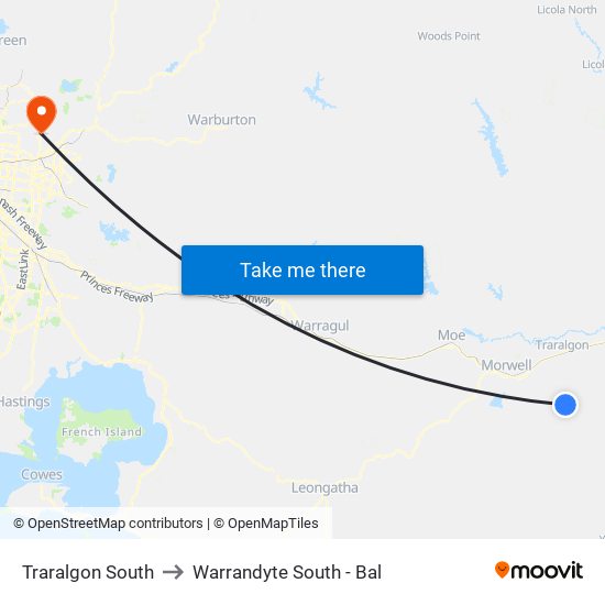 Traralgon South to Warrandyte South - Bal map