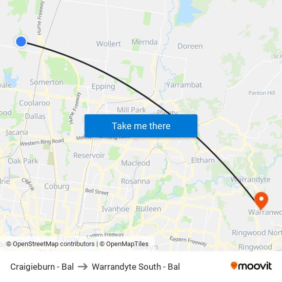 Craigieburn - Bal to Warrandyte South - Bal map