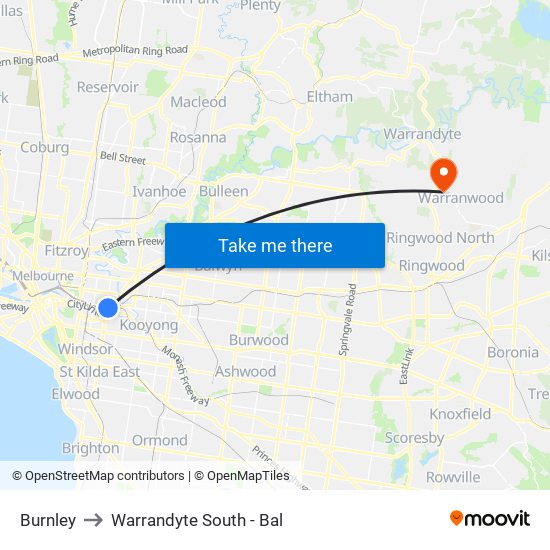 Burnley to Warrandyte South - Bal map