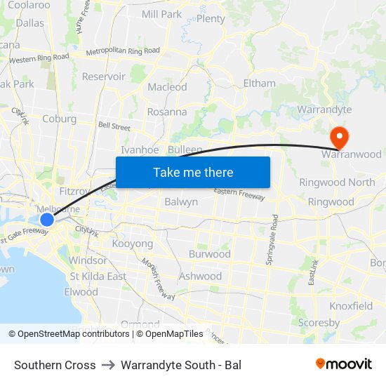 Southern Cross to Warrandyte South - Bal map