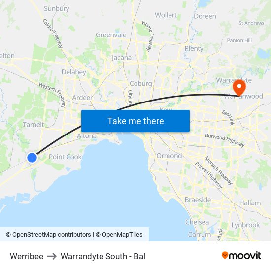 Werribee to Warrandyte South - Bal map