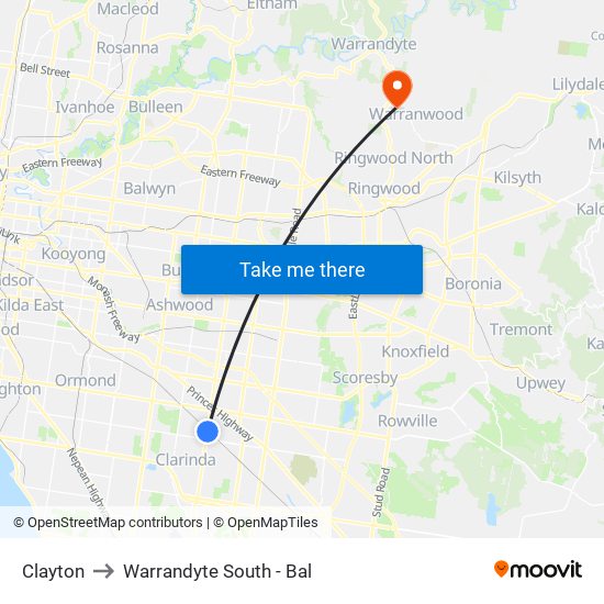 Clayton to Warrandyte South - Bal map