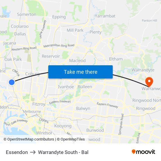 Essendon to Warrandyte South - Bal map