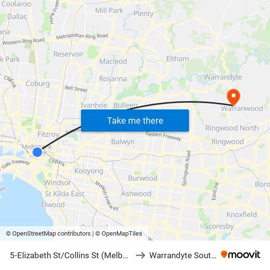 5-Elizabeth St/Collins St (Melbourne City) to Warrandyte South - Bal map