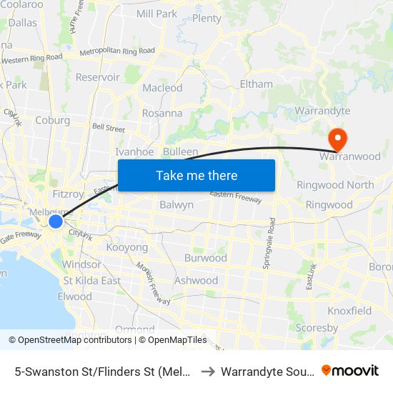 5-Swanston St/Flinders St (Melbourne City) to Warrandyte South - Bal map
