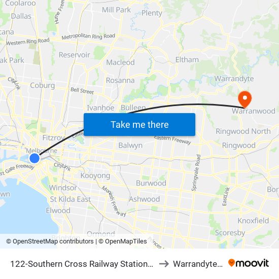 122-Southern Cross Railway Station/Spencer St (Melbourne City) to Warrandyte South - Bal map