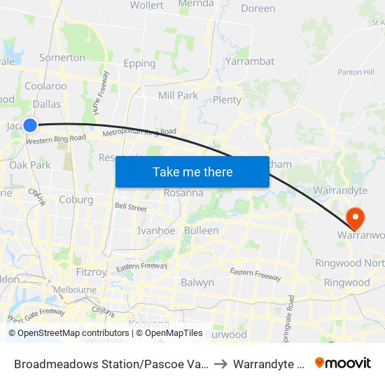 Broadmeadows Station/Pascoe Vale Rd (Broadmeadows) to Warrandyte South - Bal map