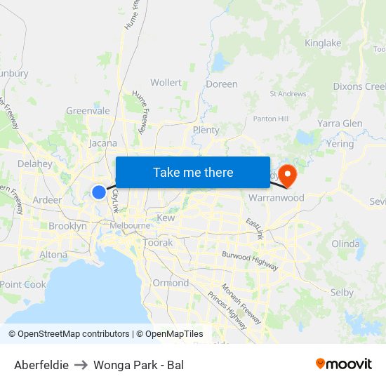 Aberfeldie to Wonga Park - Bal map