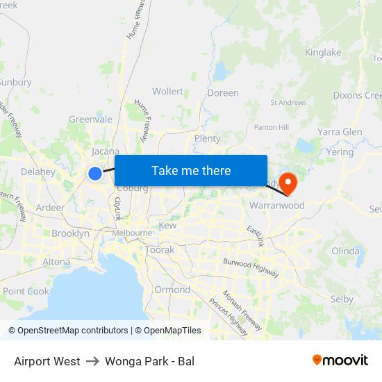 Airport West to Wonga Park - Bal map