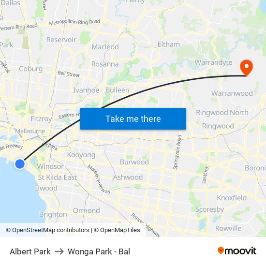 Albert Park to Wonga Park - Bal map