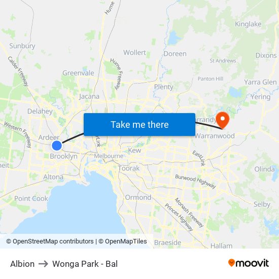 Albion to Wonga Park - Bal map