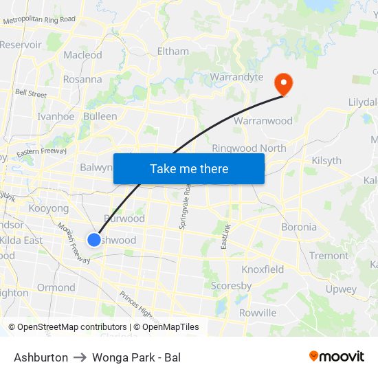 Ashburton to Wonga Park - Bal map