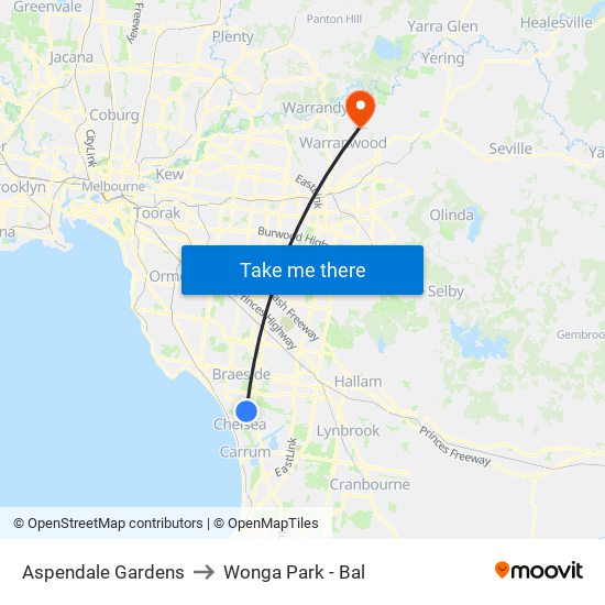 Aspendale Gardens to Wonga Park - Bal map