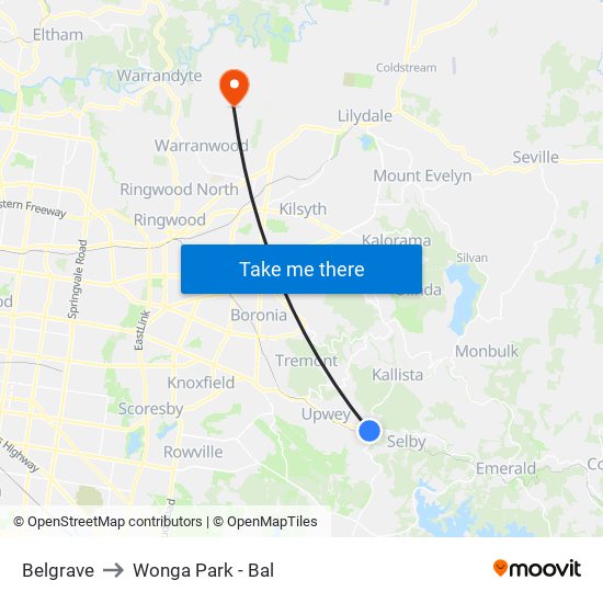 Belgrave to Wonga Park - Bal map