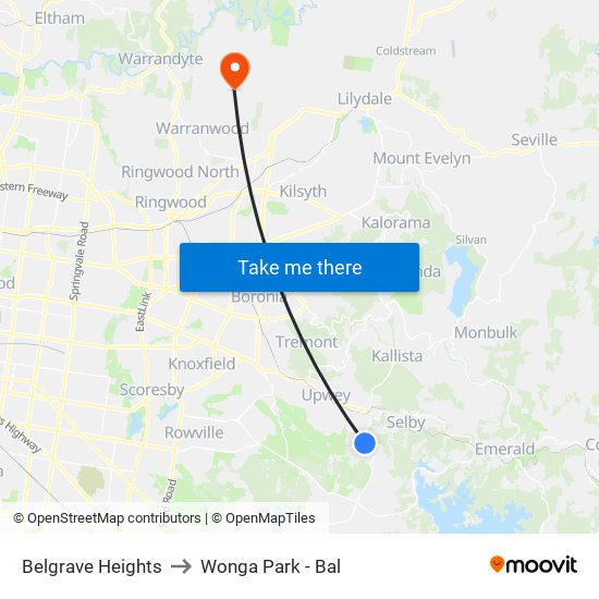 Belgrave Heights to Wonga Park - Bal map